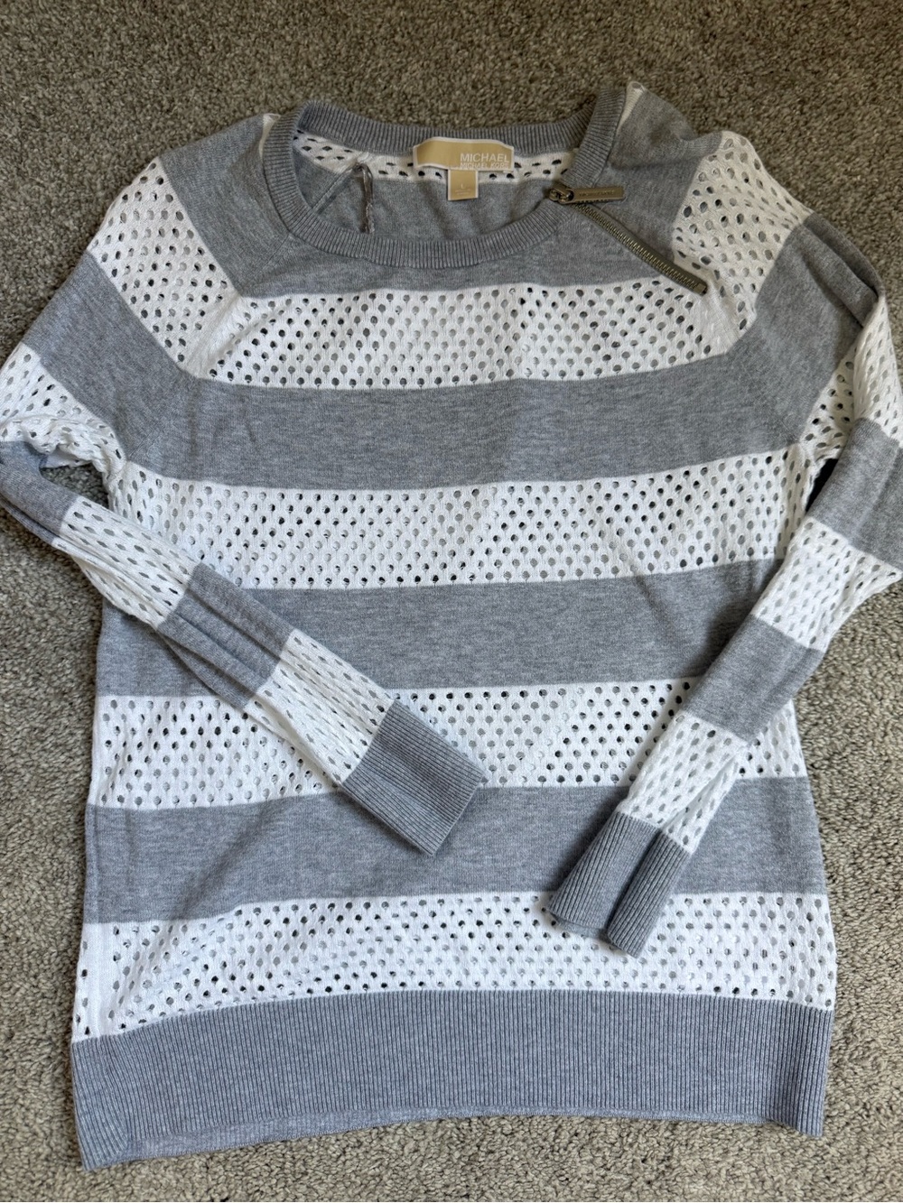Michael Kors Gray & White Striped Open-Knit Pullover